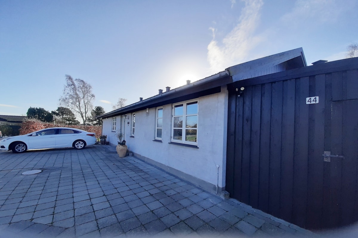 A single-story building is depicted with a spacious driveway and a vehicle parked on the side. Sunlight illuminates the exterior, highlighting the clean lines and simple design of the facade. Windows reflect the clear sky, and a decorative planter can be seen near the entrance.