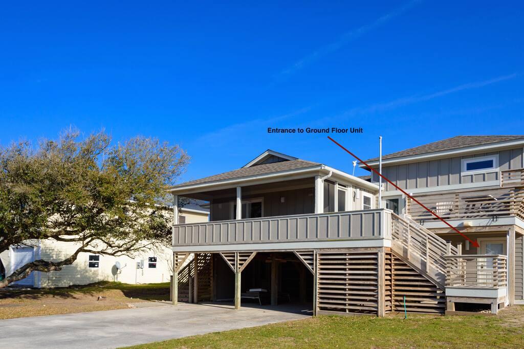 Front of home. Entrance to ground floor studio on right side