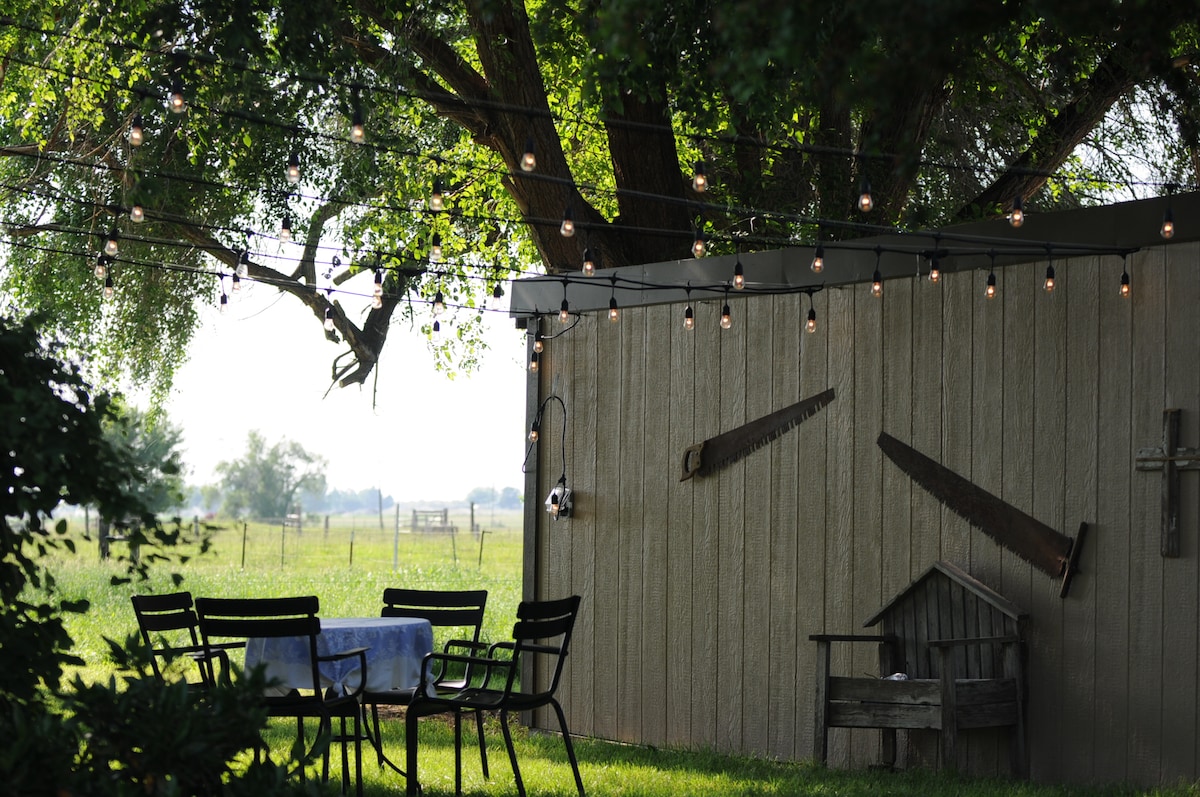 A serene outdoor space features a table surrounded by four chairs, beneath gently hanging string lights. A wooden wall is accented by vintage tools, while a birdhouse and greenery from nearby trees contribute to the tranquil atmosphere. Open fields are visible in the background.