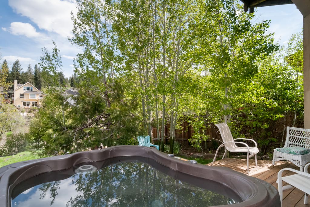 Hot tub set in the beautiful back yard
