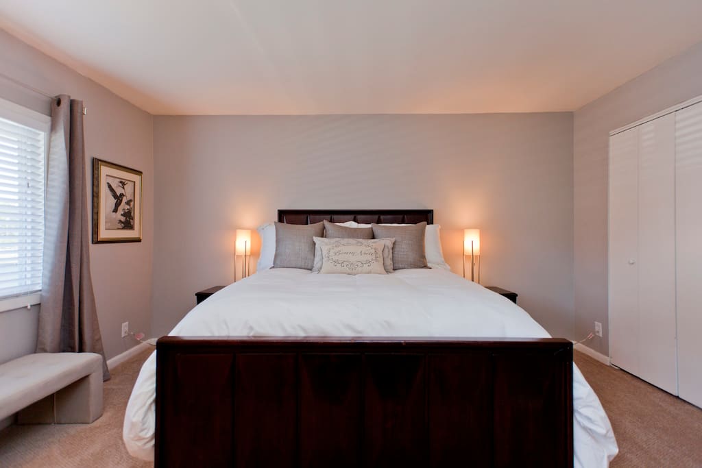 Queen size bed with brand new Stearns & Foster pillowtop mattress.