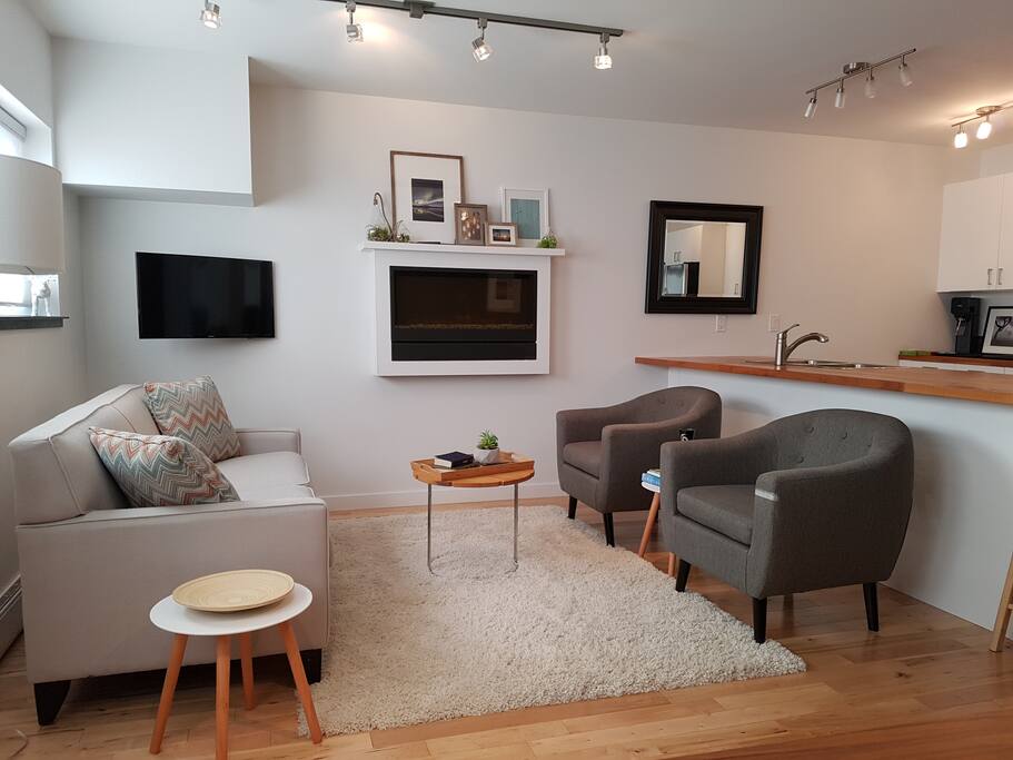 Comfortable living area with electric fireplace