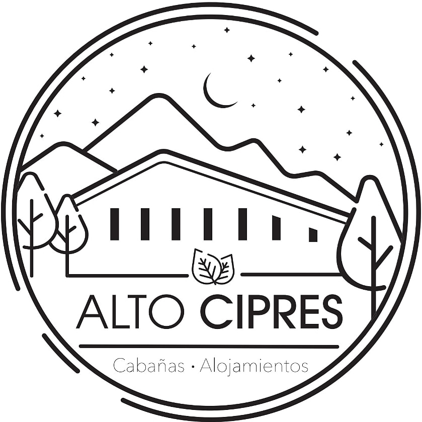A circular logo displays the name 'Alto Ciprés' along with a stylized illustration of a lodge nestled under mountains. Simple trees adorn the sides, and a crescent moon hangs above, emphasizing a tranquil, natural setting.
