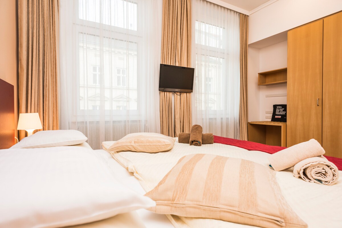 A well-lit bedroom features a spacious bed with layered pillows and neatly arranged towels. Two large windows adorned with sheer curtains allow natural light to fill the space. A flat-screen TV is mounted on the wall opposite, complemented by a wooden shelving unit.