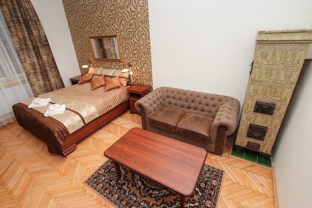 1st bedroom (double bed, single bed + living corner with TV)
