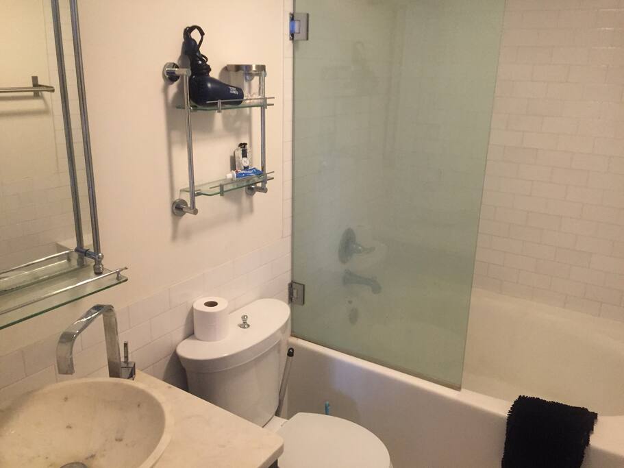 Shared bathroom. Comes stocked with the basics- TP, handsoap, Shampoo.