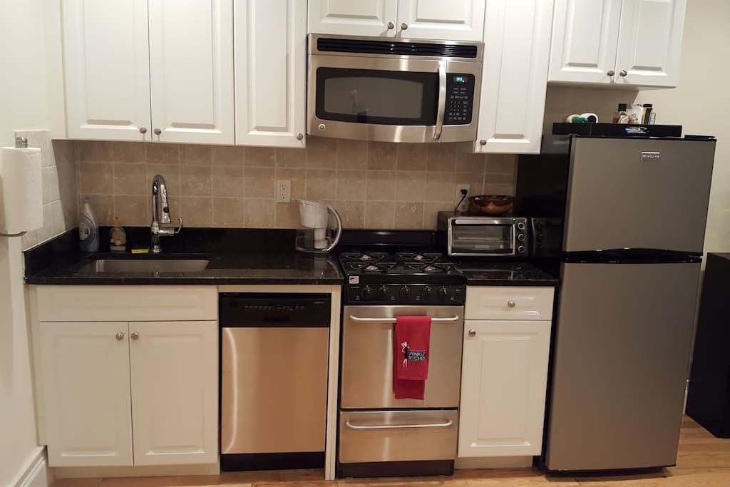 Full kitchen that enables you to cook your own meals! With a grocery store across the street that makes cooking easy.
