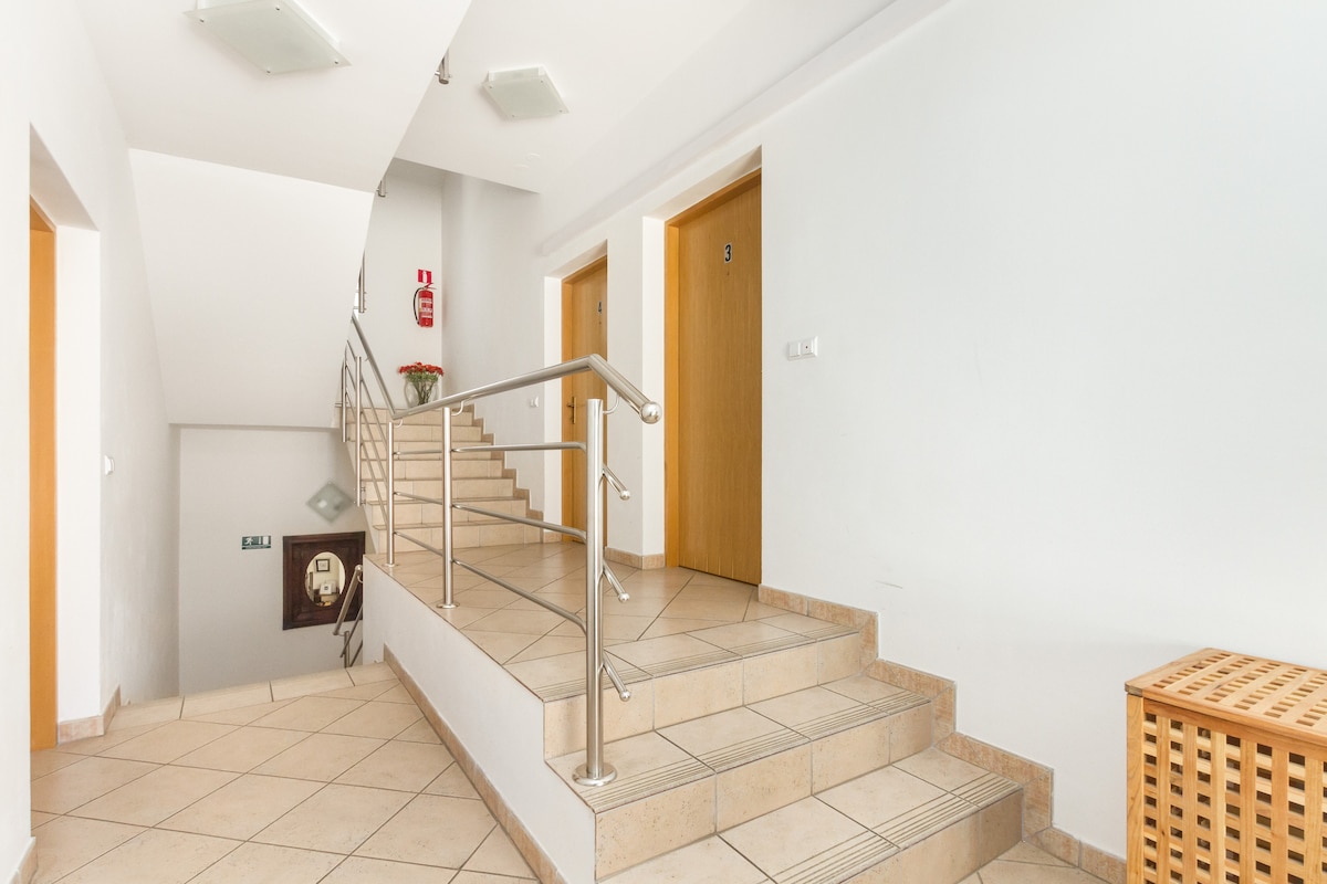 A well-lit, spacious hallway features clean tile flooring and white walls. A staircase with a metal railing leads to a higher level, while wooden doors to elevators are present on one side. A decorative plant adds a touch of greenery in the corner.