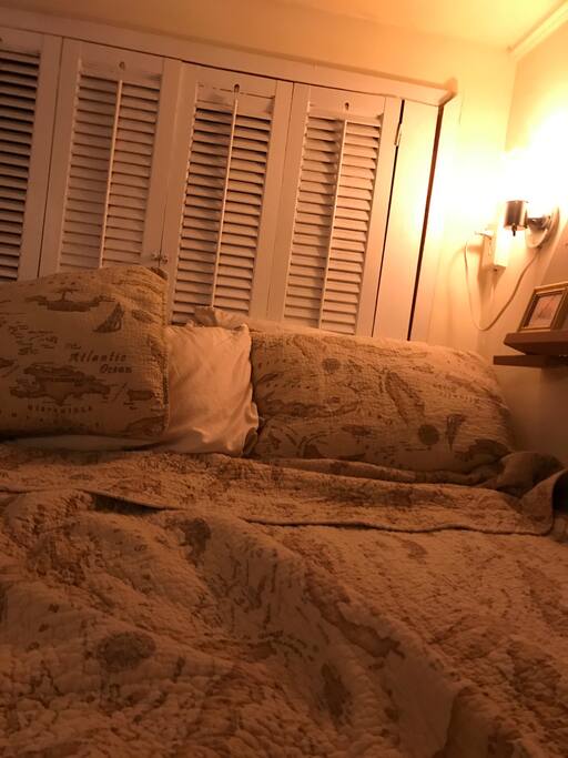 The loft has a reading light and shelves.