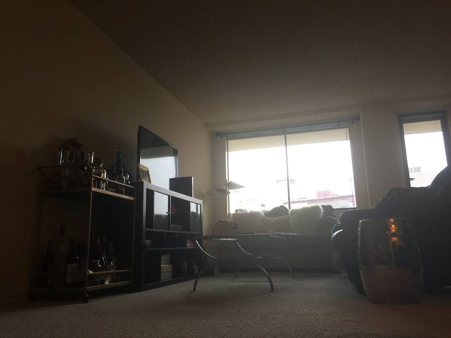 Big living room with two couches, full cable hdtv, and balcony