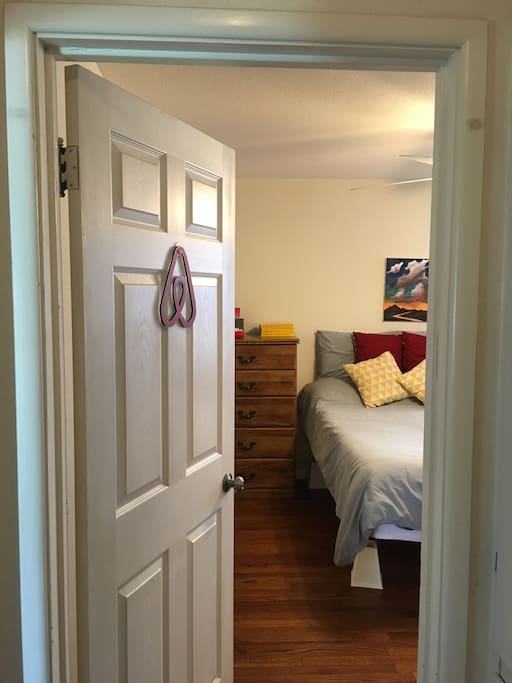 Around the corner from the living room - just look for the AirBnB logo!