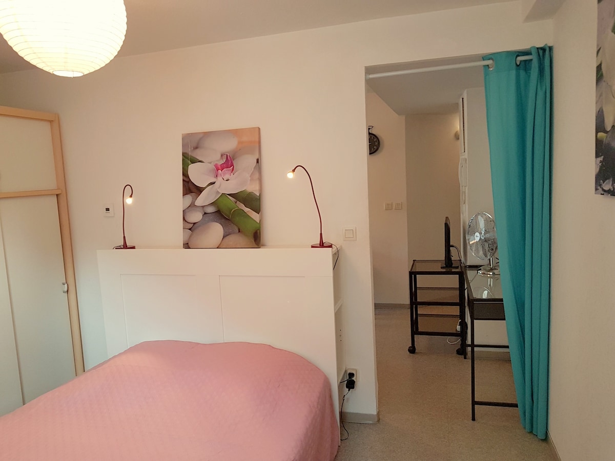A bright bedroom is highlighted by a large double bed, covered with a soft pink duvet. Wall-mounted reading lamps provide warm light. A floral artwork adorns one wall, while a turquoise curtain separates the room from a small workspace, which includes a desk and chair.