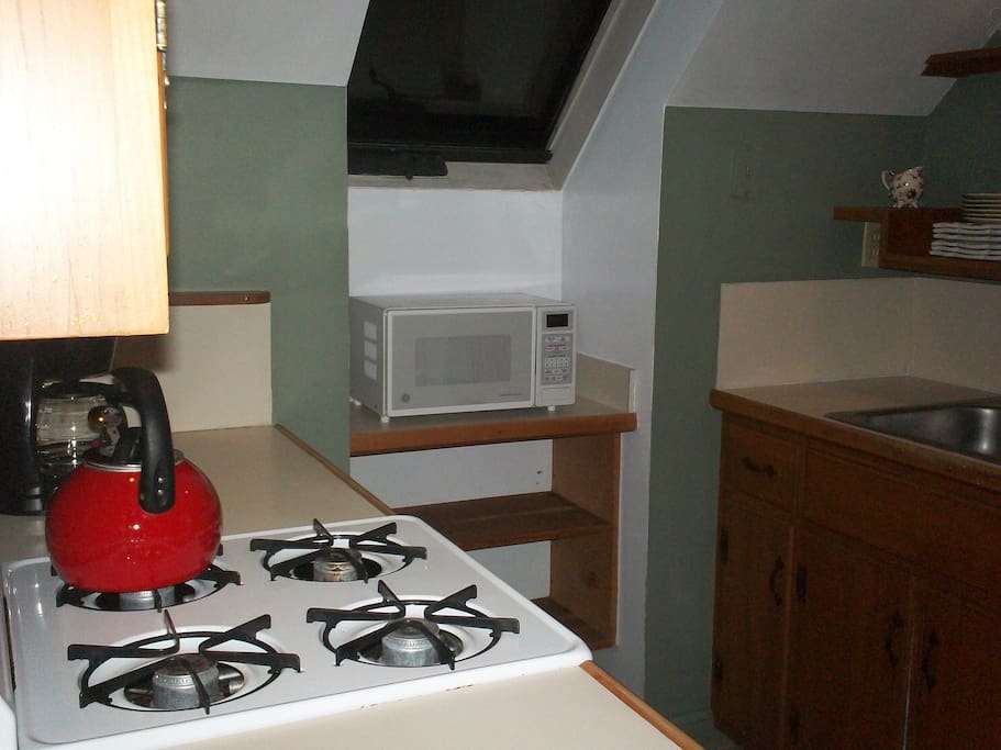 Kitchen with stove and microwave under the large skylight