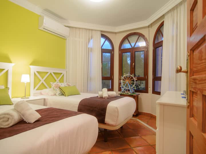 Dva kreveta za jednu osobu u gostinjskoj spavaćoj sobi, veliki prozori