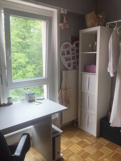 Penderie avec cintres et 2 étagères de rangements.