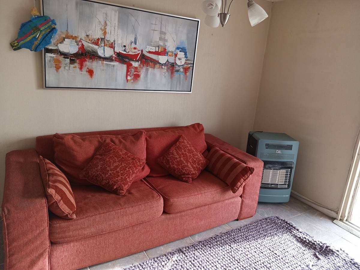 A comfortable red sofa with decorative pillows is positioned against a wall. Nearby, a small blue heater provides warmth. An abstract painting featuring boats in muted colors hangs above the sofa, and a textured area rug is placed on the tiled floor.