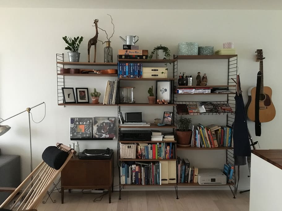Bookshelves and record player