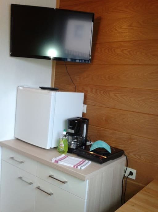 Kleine Küche mit Kühlschrank, Induktionsplatte.