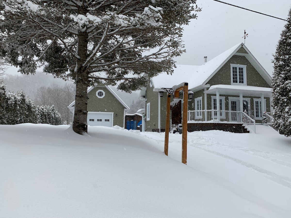 A snow-covered exterior of a charming green house is visible, complemented by a white porch and a large tree in the foreground. A spacious garage is located to the left, surrounded by snowdrifts. The scene evokes a serene winter atmosphere.