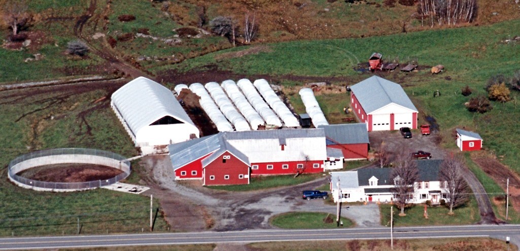 An aerial view of a working farm showcases a cluster of buildings, primarily painted in red with white roofs. Structures include a large barn, several storage facilities, and a farm store, surrounded by lush green fields and grazing areas.