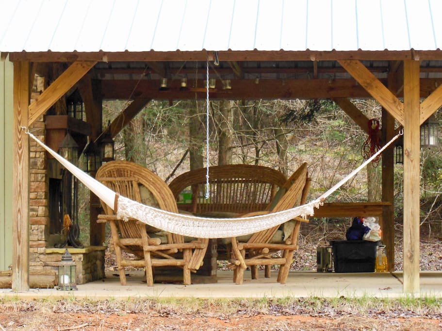 Without having to leave the property wander down to the creekside pavilion in the meadow. While the creek gurgles by enjoy a good book, listen to the rain on the tin roof, take a nap in the hammock, or build a fire in the stack stone fireplace.