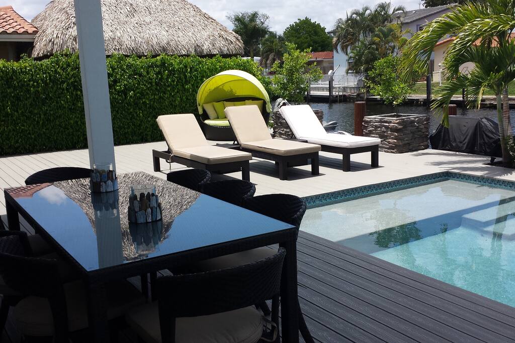 Sitting in the shadow around the pool