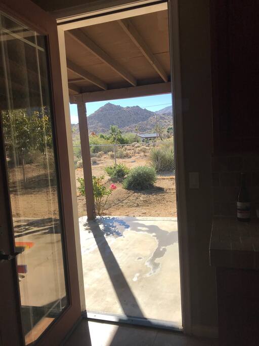Looking out one of the back doors to the large covered patio with grill.