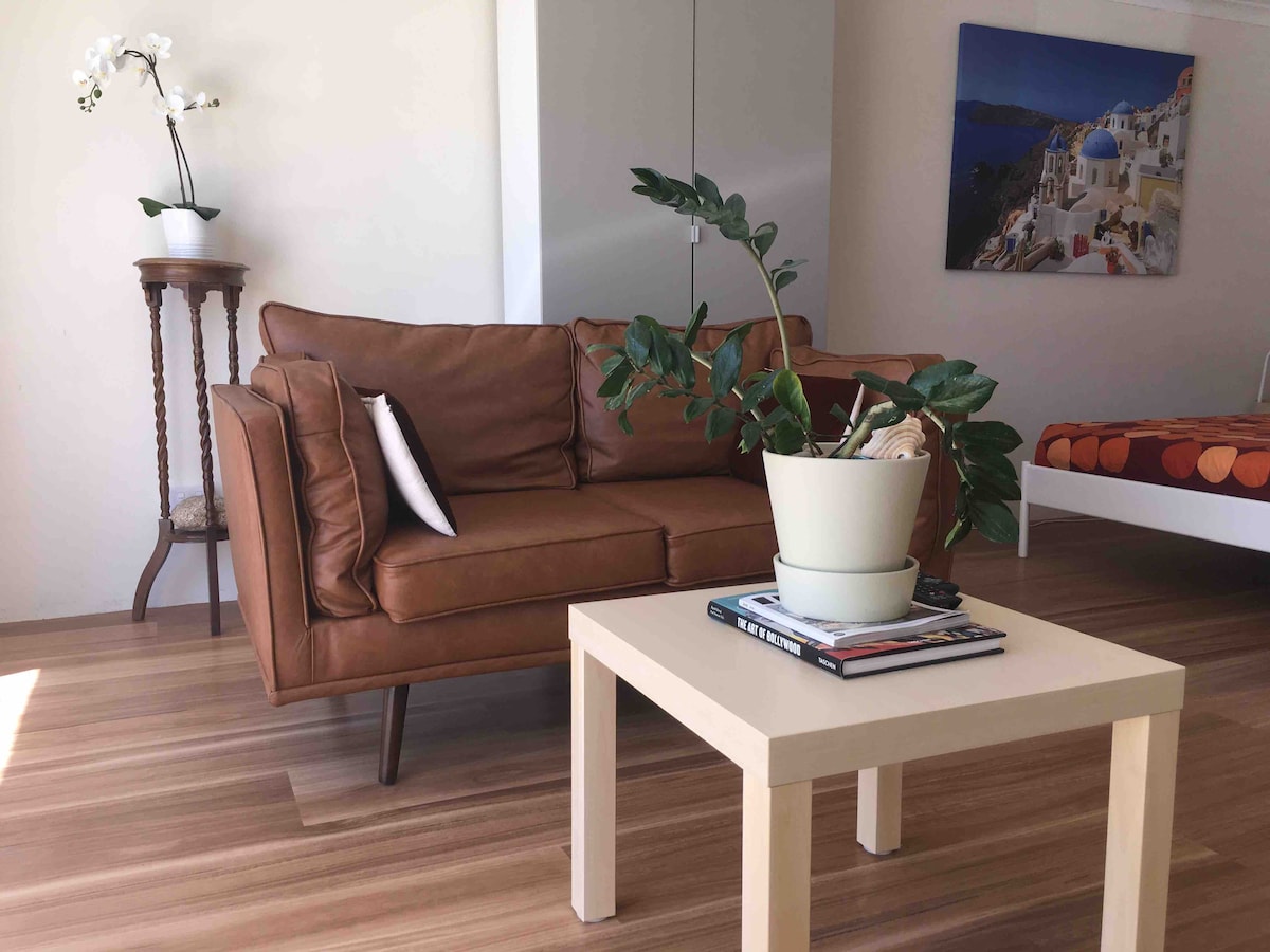 A leather sofa is positioned next to a light-colored table, featuring a small potted plant. A larger plant is placed nearby, adding greenery to the space. A painting depicting a coastal scene can be seen on the wall behind the bed, enhancing the warm ambiance.