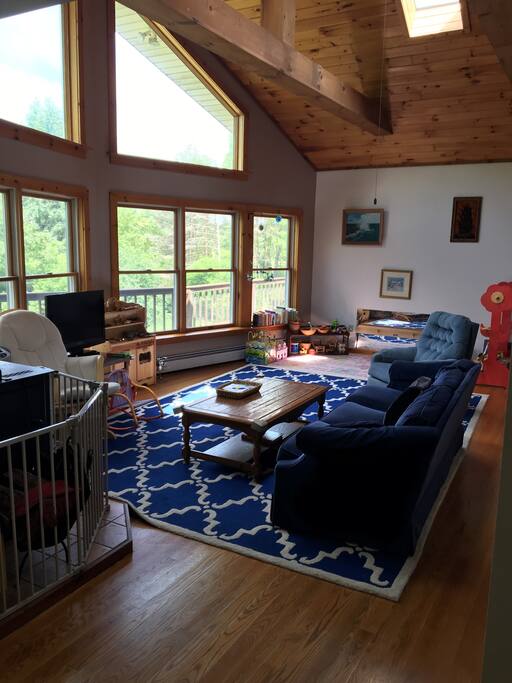 Spacious living room area with wall of windows.
