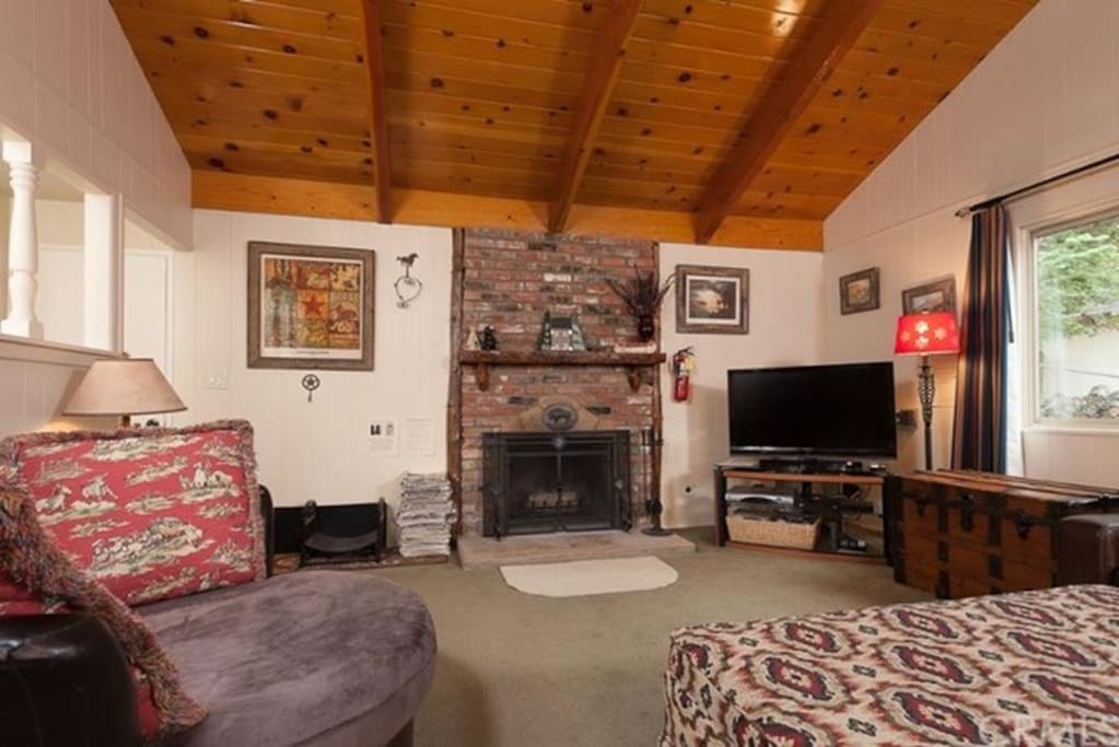 Living Room with wood burning fireplace and gas starter for easy use