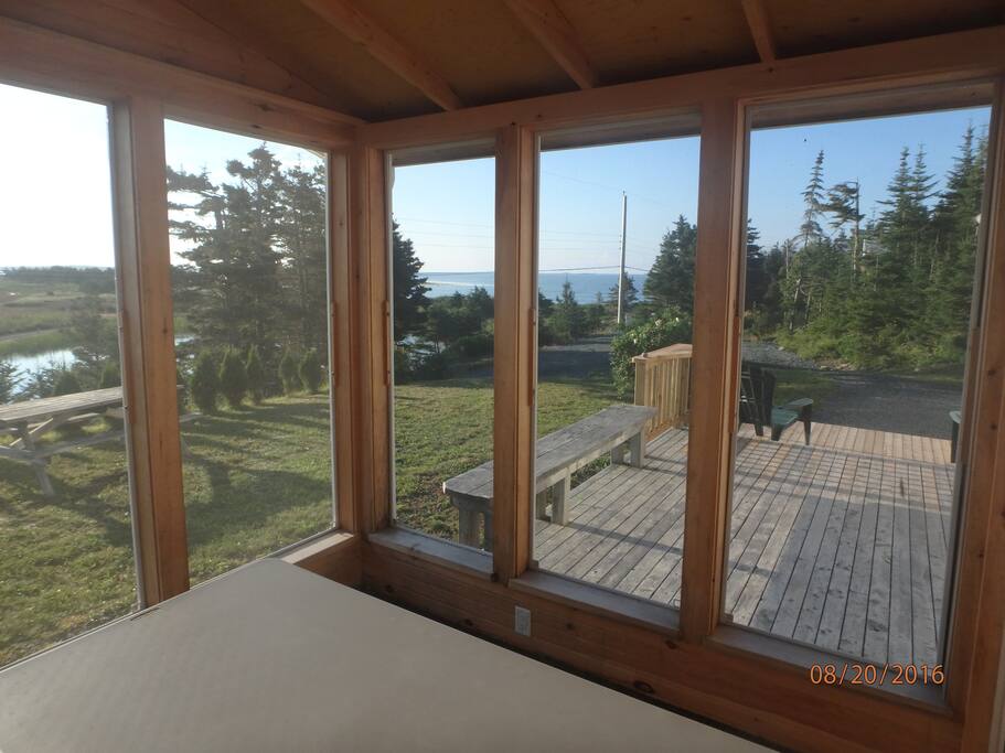 View from screened in eating area with picnic table.