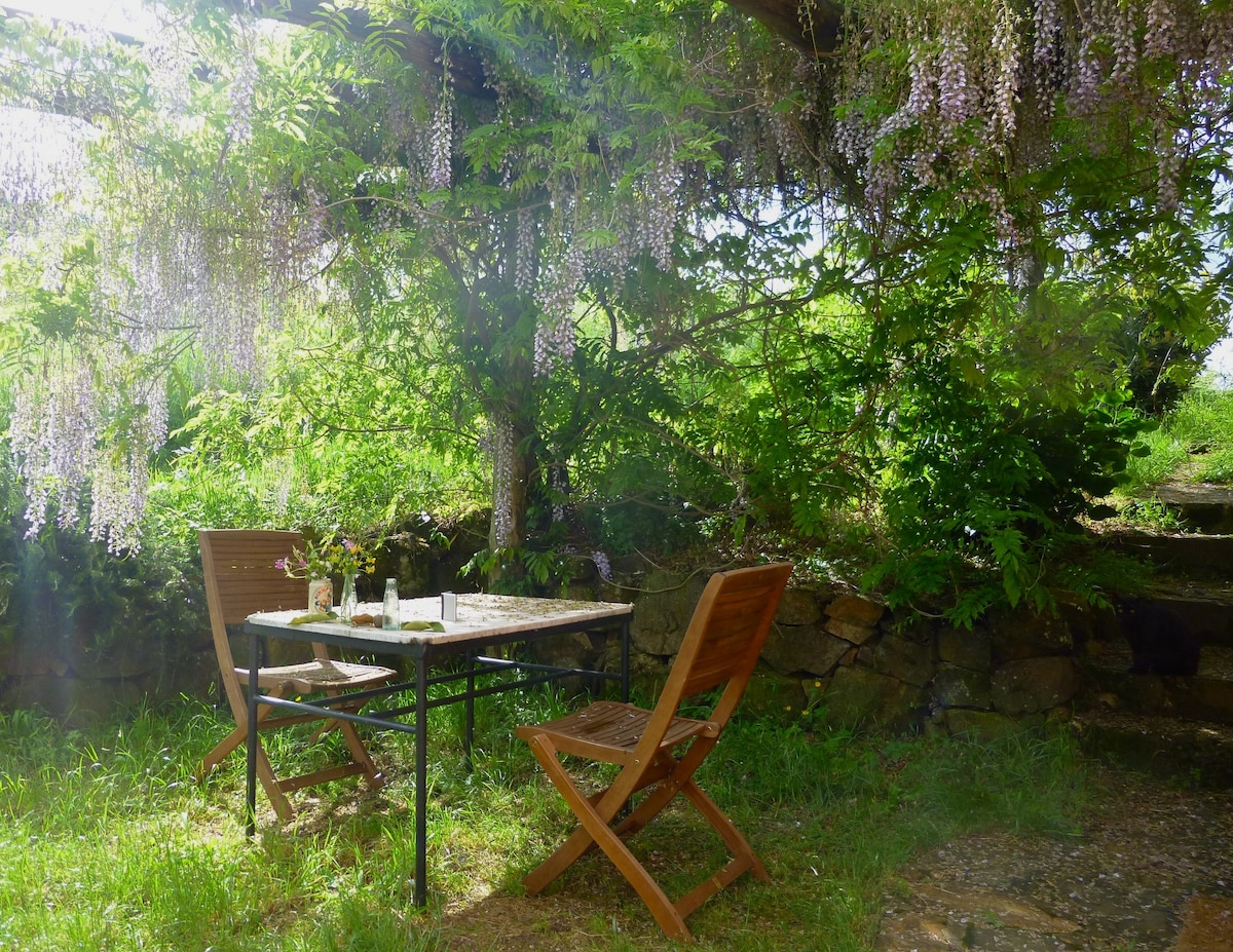 A shaded terrace is set under a wisteria-covered pergola, featuring a small dining table and two wooden chairs. Lush greenery surrounds the seating area, providing a serene outdoor space for gatherings.