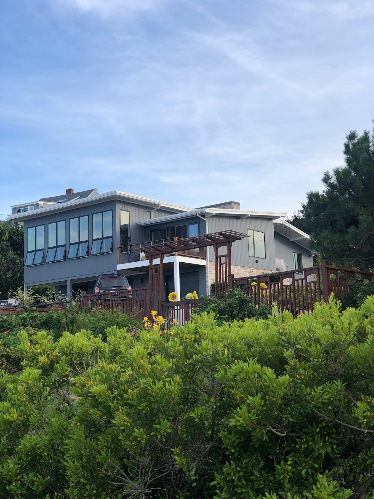 The exterior of a modern mid-century ranch is visible, set against a clear blue sky. Surrounding flora adds greenery, while a wooden pergola and a deck with outdoor seating elements are seen. Large windows provide ample natural light to the interior space.