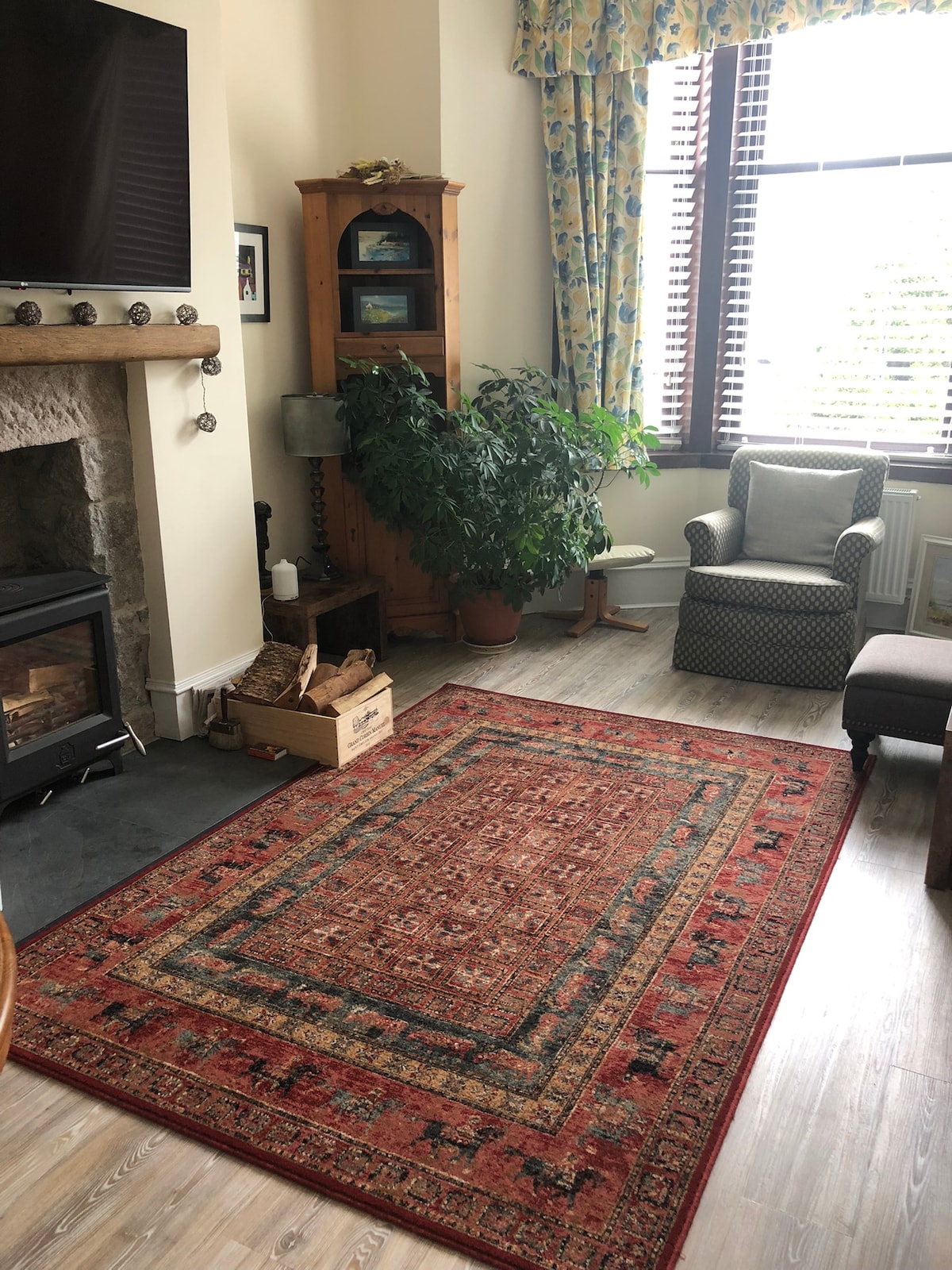A cozy living room corner features a traditional area rug with intricate patterns, placed on wooden flooring. A comfortable armchair and a stone fireplace provide warmth. A tall wooden cabinet and a leafy plant enhance the welcoming ambiance. Large windows allow natural light to fill the space.