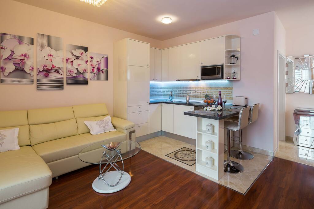 Wohnzimmer incl. Schlafcouch und Küche