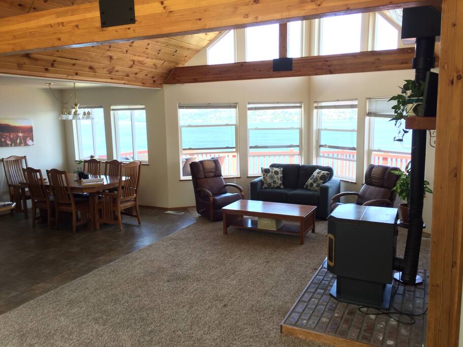 Main living area and dining room. Lake view from the windows.