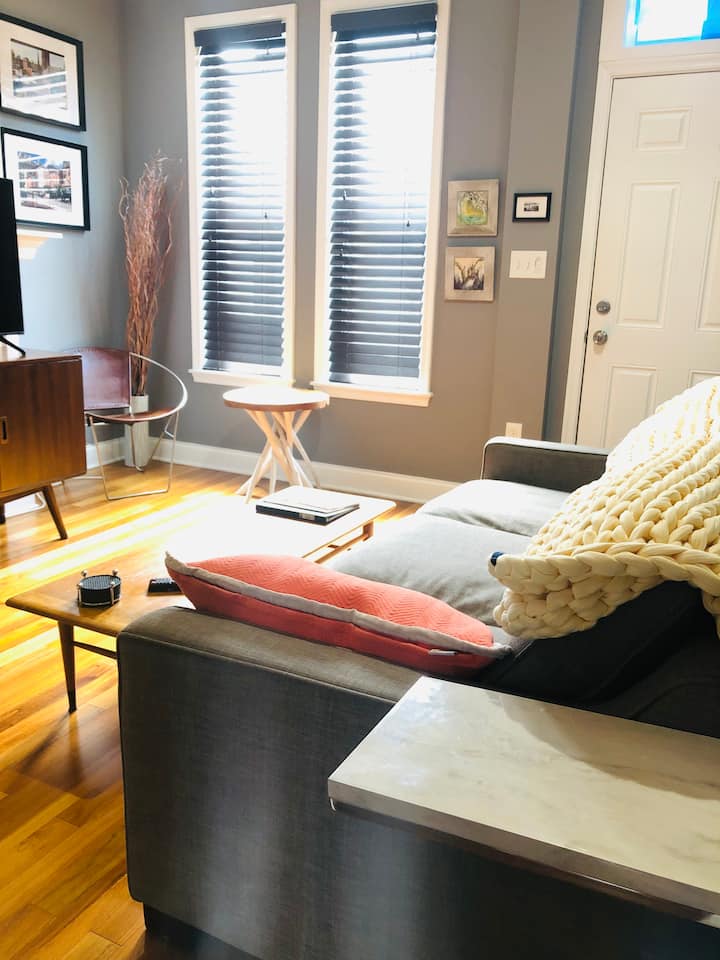 Front entry, sofa bed, and brilliant local art. South facing windows make for beautiful light during the day.