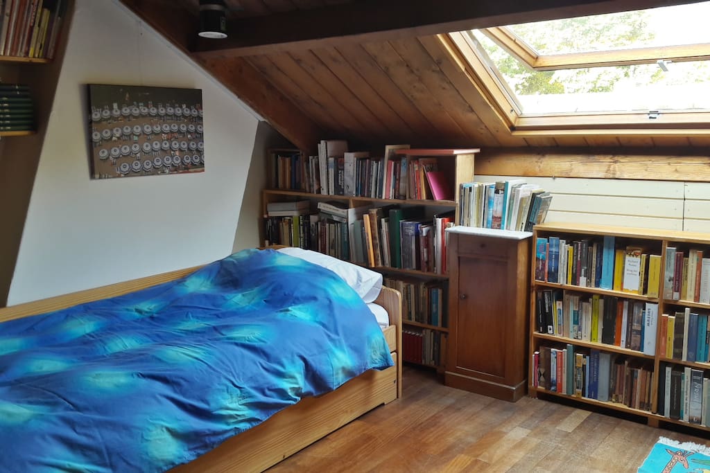 This is the attic room where you can either have a double or single bed. There are plenty of books, there is a television.