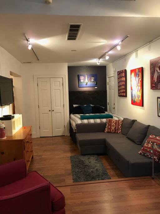 Comfortable couch and bed to enjoy TV
