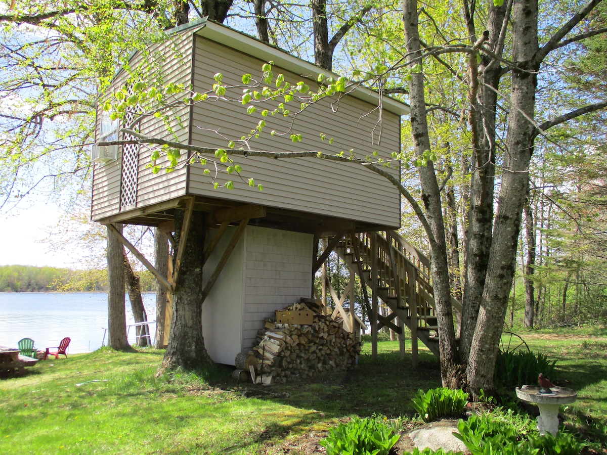 A cozy treehouse is elevated among trees, featuring a staircase leading to the entrance. A stacked woodpile is positioned nearby, with vibrant green grass and shrubs surrounding the base. The tranquil Sebasticook Lake is visible in the background, framed by budding leaves.