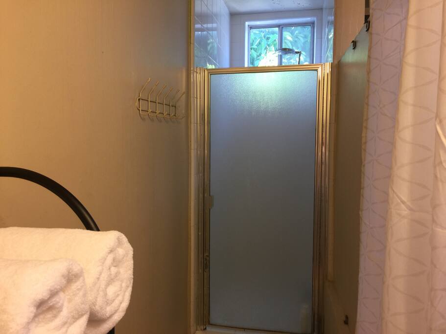 High pressure overhead shower with fresh air and fresh towels.