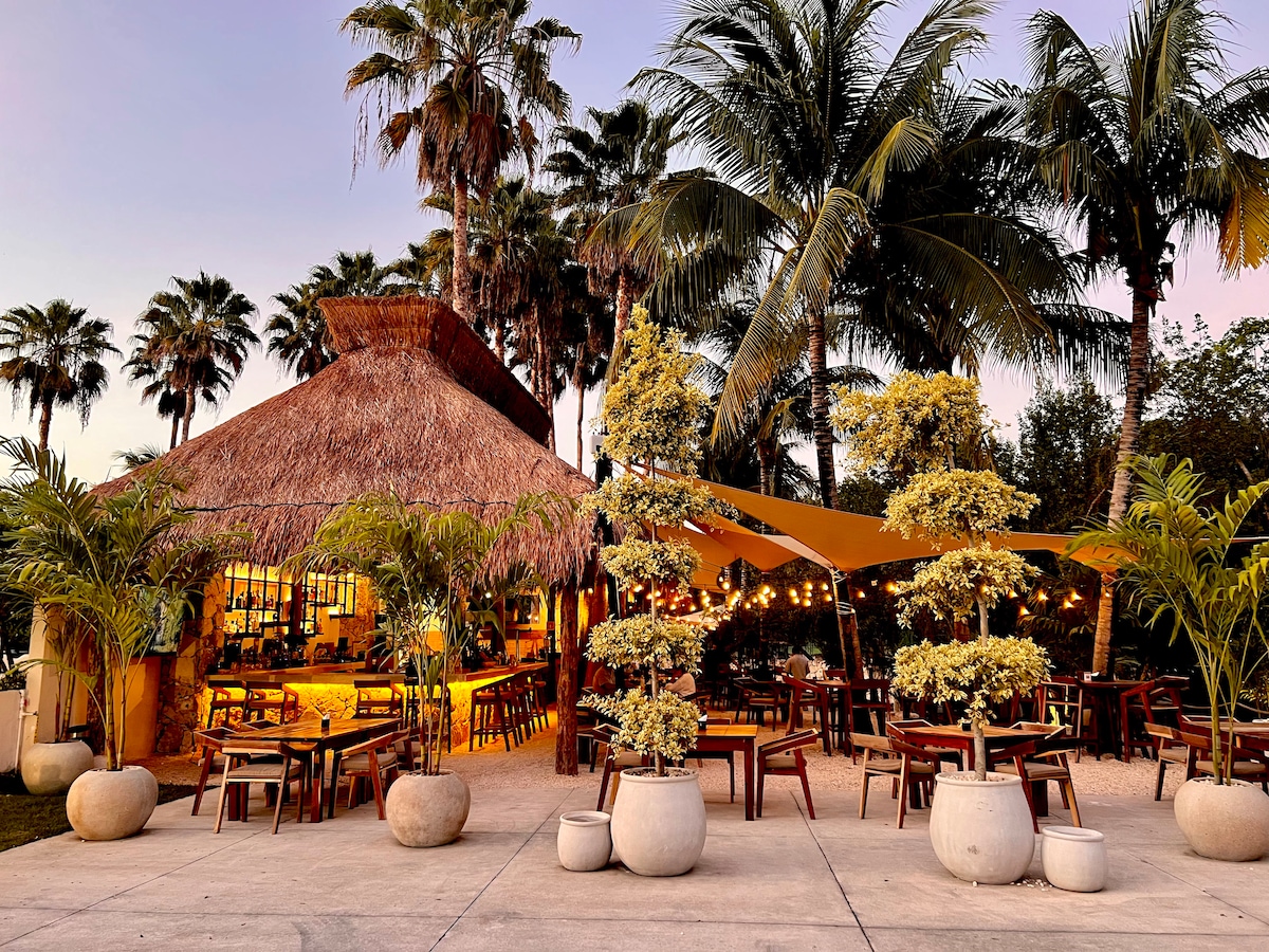 An inviting outdoor dining area features a thatched-roof structure surrounded by palm trees. Tables and chairs are arranged on a stone path, with planters holding lush greenery. Soft lighting and vibrant colors create a welcoming ambiance for guests to enjoy meals under the evening sky.