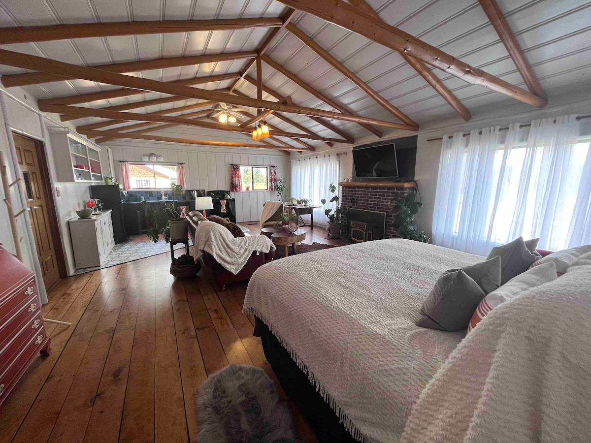 คุณจะรู้สึกผ่อนคลายและสบายใจในห้องสตูดิโอนี้  เตียงคิงไซส์โซฟาหนังสบายๆเตาผิงไฟฟ้า
คานเปิดดั้งเดิมพื้นไม้สนสไตล์สแกนดิเนเวียบรรยากาศกระท่อมไม้! 
ใหม่: พื้นเตียงสีอุปกรณ์ติดตั้งเฟอร์นิเจอร์หม้อกระทะจานชามอื่นๆ