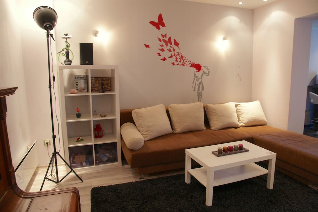 Living room with TV and a sofa that unfolds into a double bed
