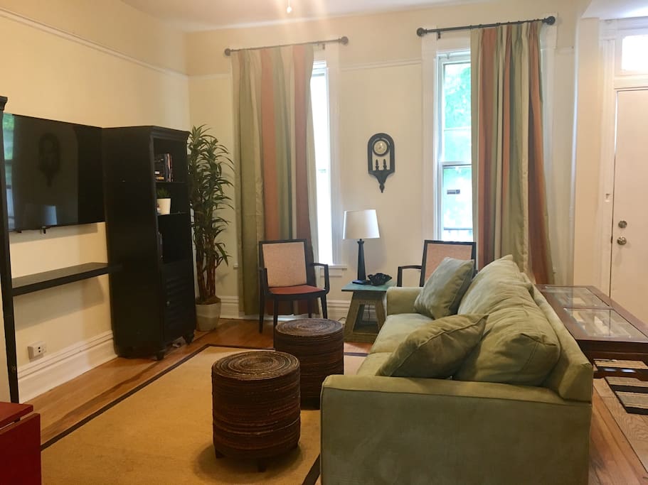 Living room: view from kitchen. Front door on right (Upper level)