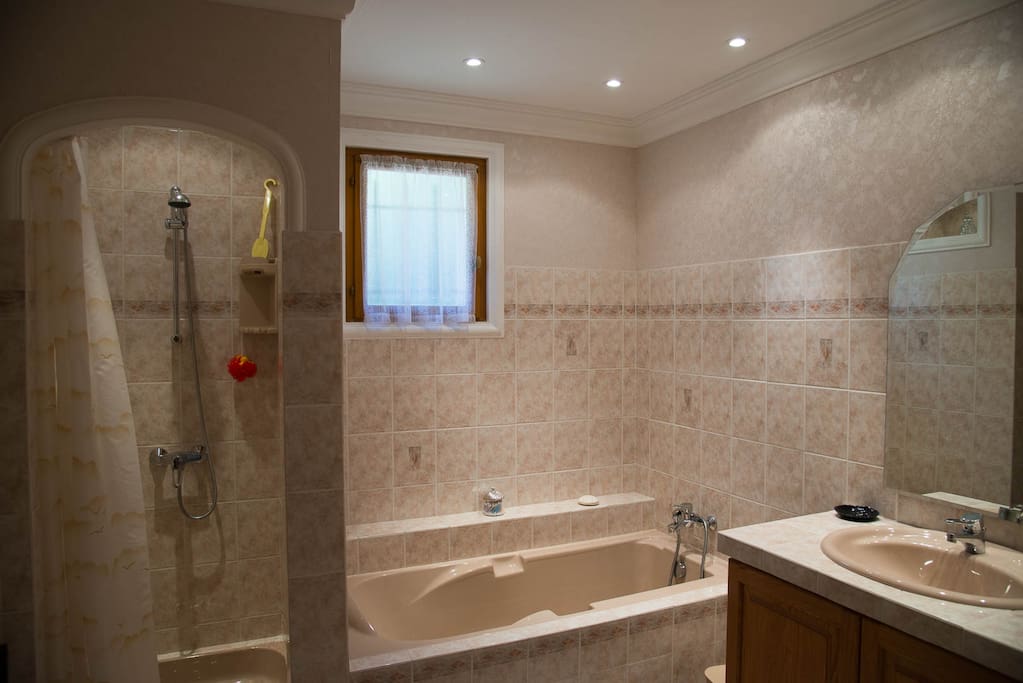 Large bathroom with separate bath and shower.
