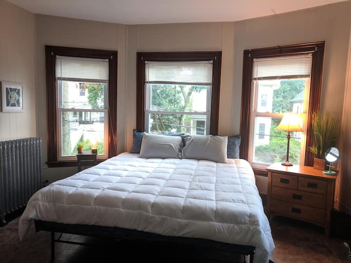 غرفة النوم الكبيرة أمام الشقة.  يوجد تلفاز في الغرفة!