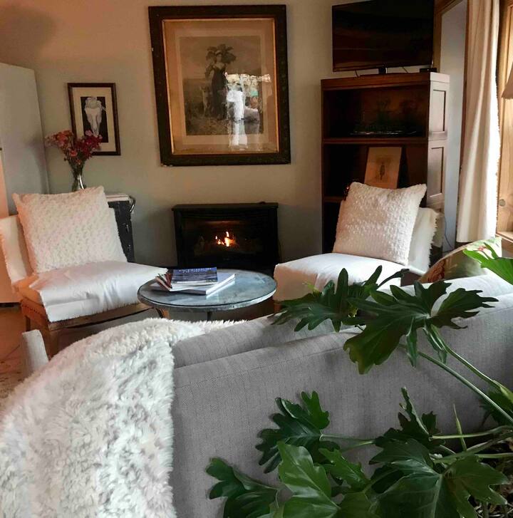 Welcome... living room with an authentic mid century wool sofa, fireplace and a pair of redesigned club chairs. As a designer I chose an art theme, canvas upholstery and drapes with art supply accents, cement and Hardy Board floors with area rugs!