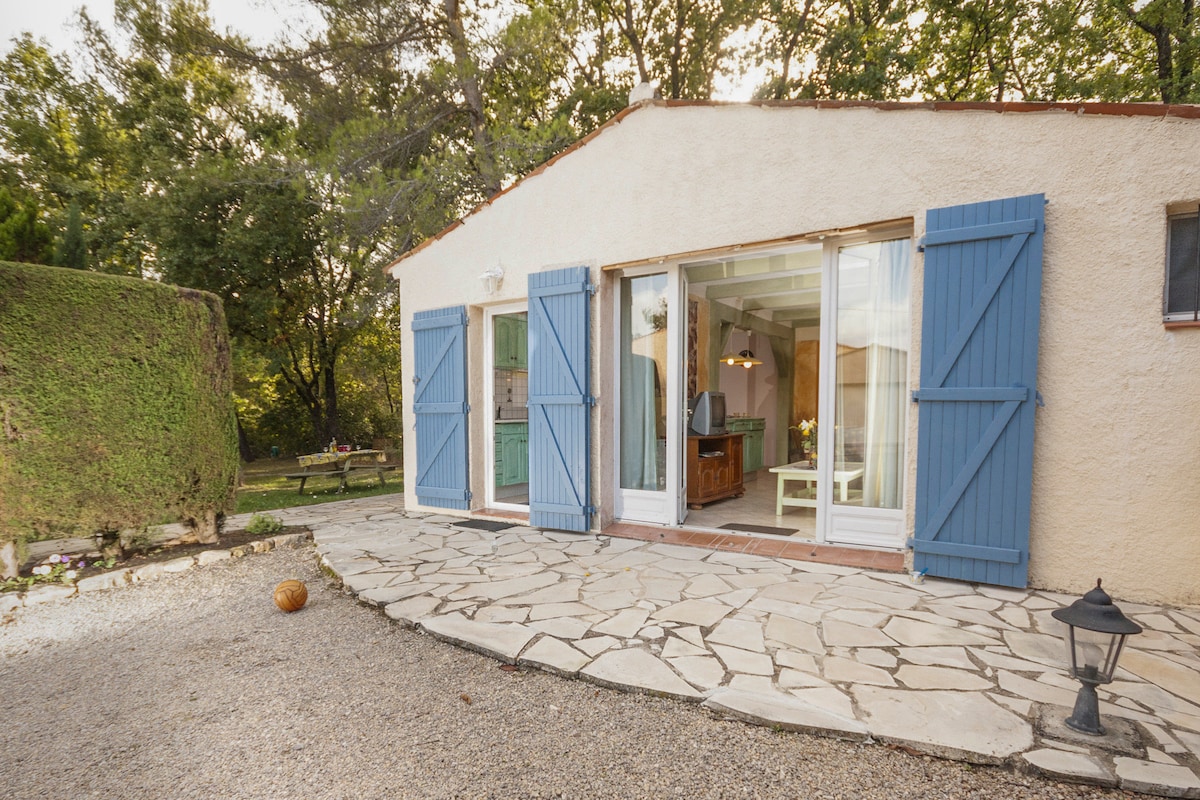 The exterior of the house is framed by light blue shutters and features a stone pathway leading to double glass doors. A gravel area is present, with a decorative lantern positioned on the right side and a green hedge in the background, contributing to the natural setting.