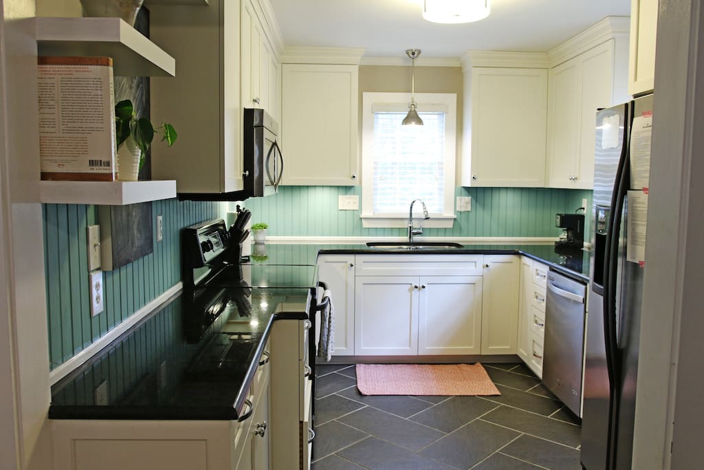 Kitchen was replaced in 2013 by a Mennonite carpenter from Charleston (originally Iowa - it's the owner's dad.) It has a drip coffee maker, blender, mixer, and pots and pans to make almost anything you need!